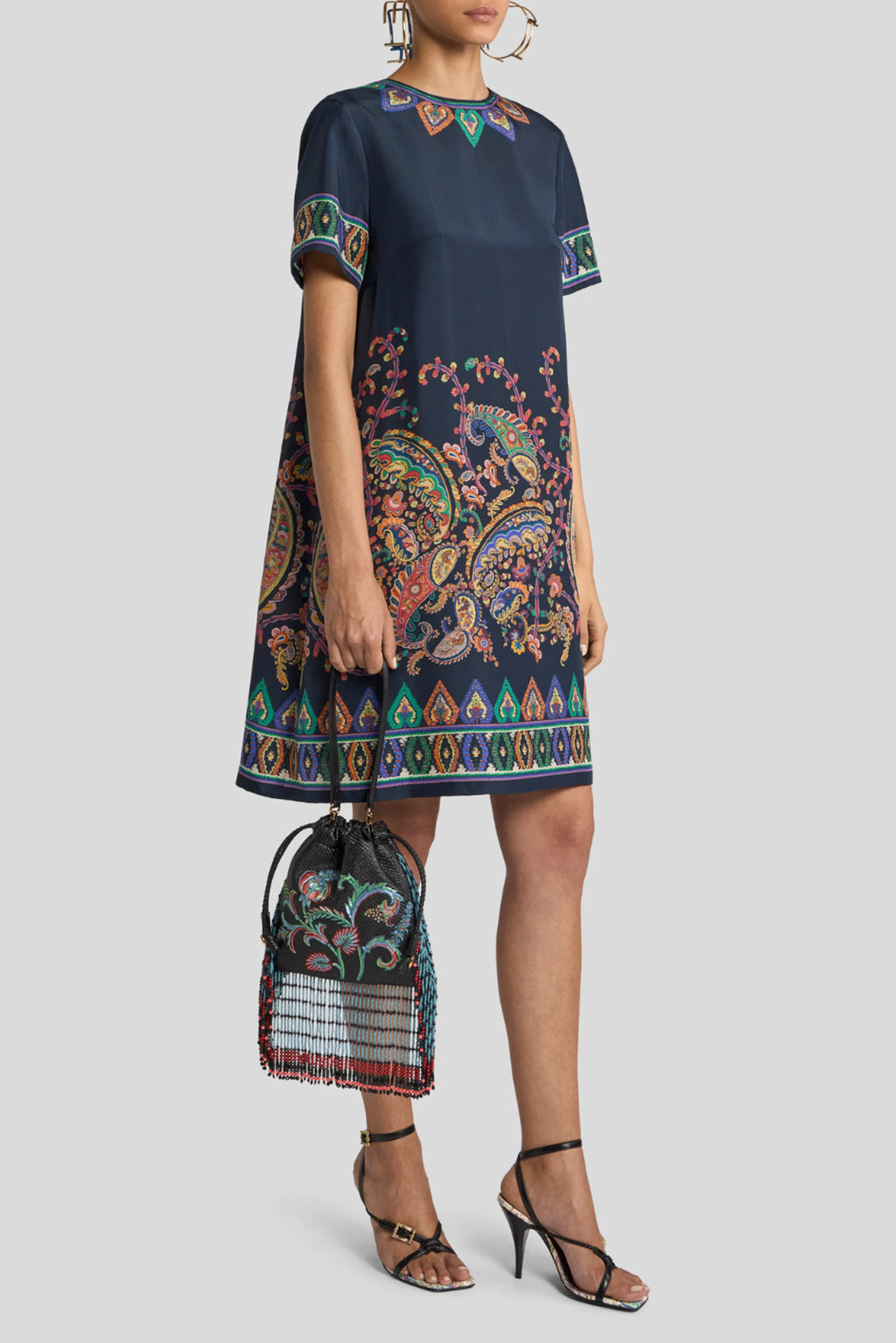 Printed Short Sleeve A-Line Dress with Border Detail