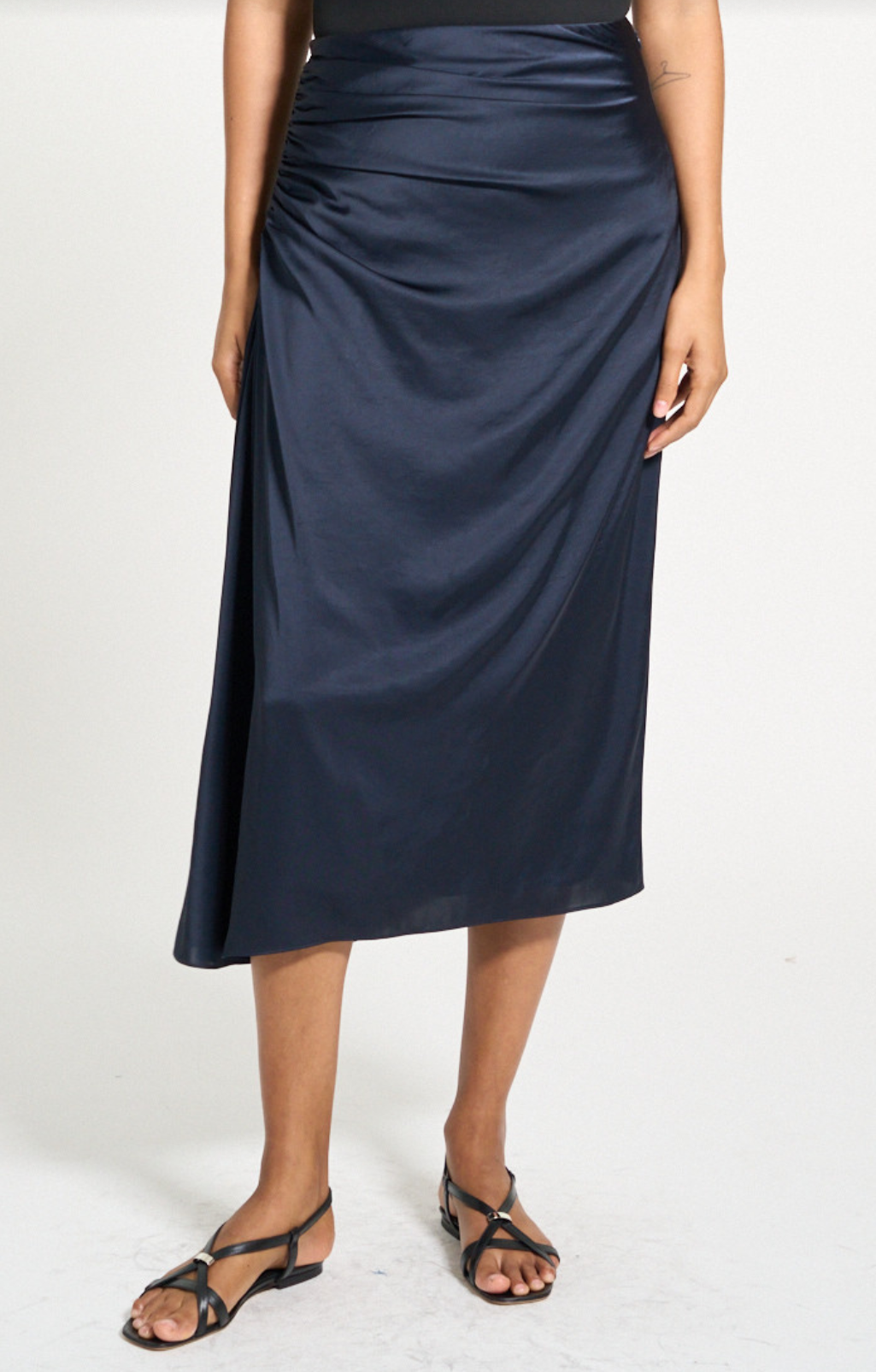 Ruched Midi Skirt in Crushed Satin