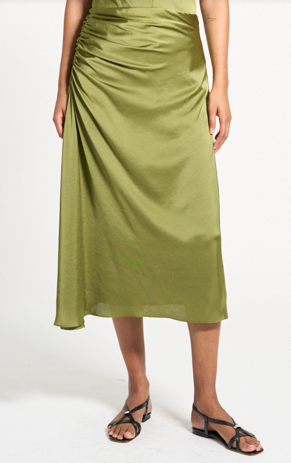 Ruched Midi Skirt in Crushed Satin