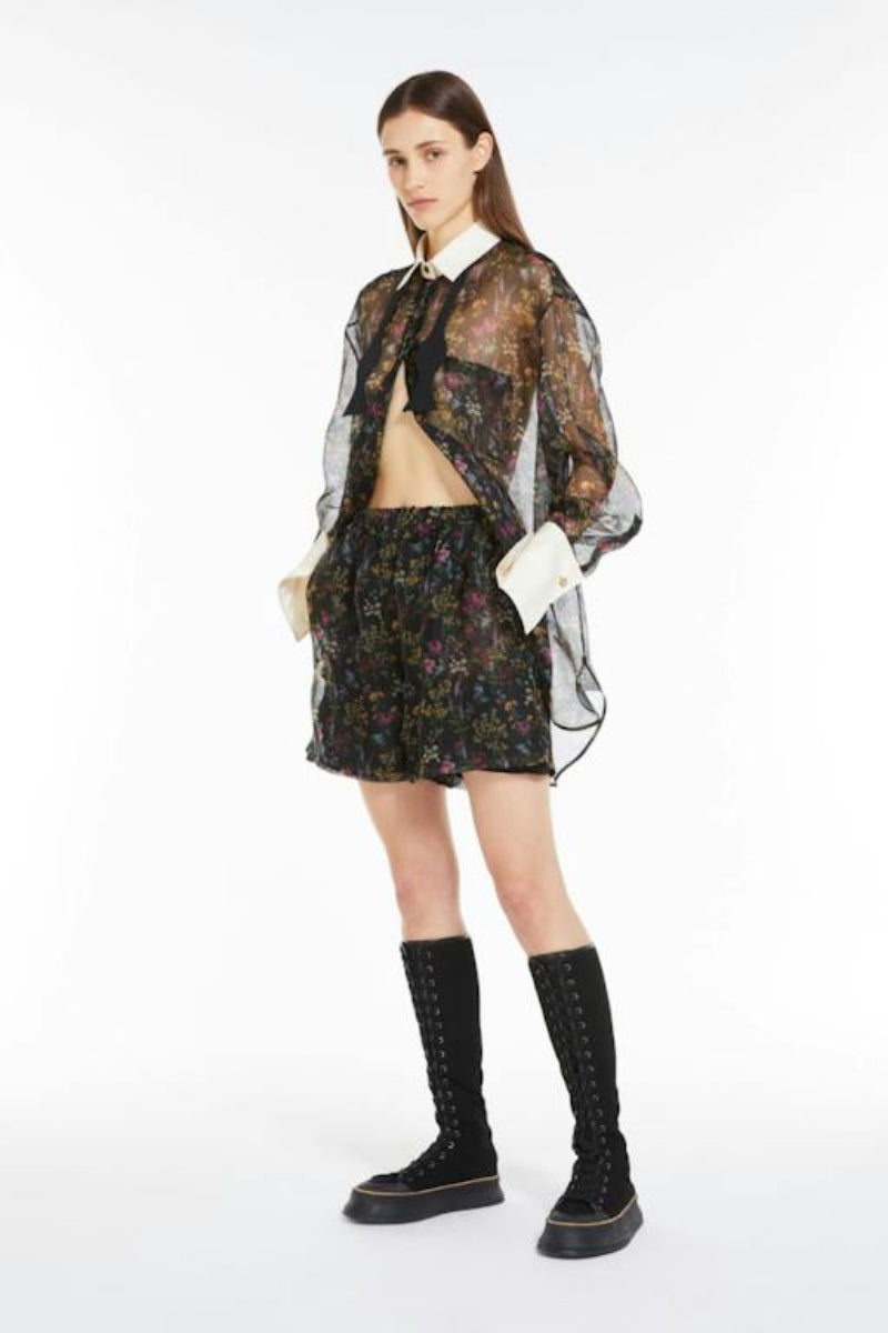 Silk Organza Shorts with Floral Motif