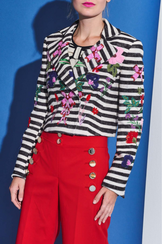 Cropped Striped Jacket with Embroidery