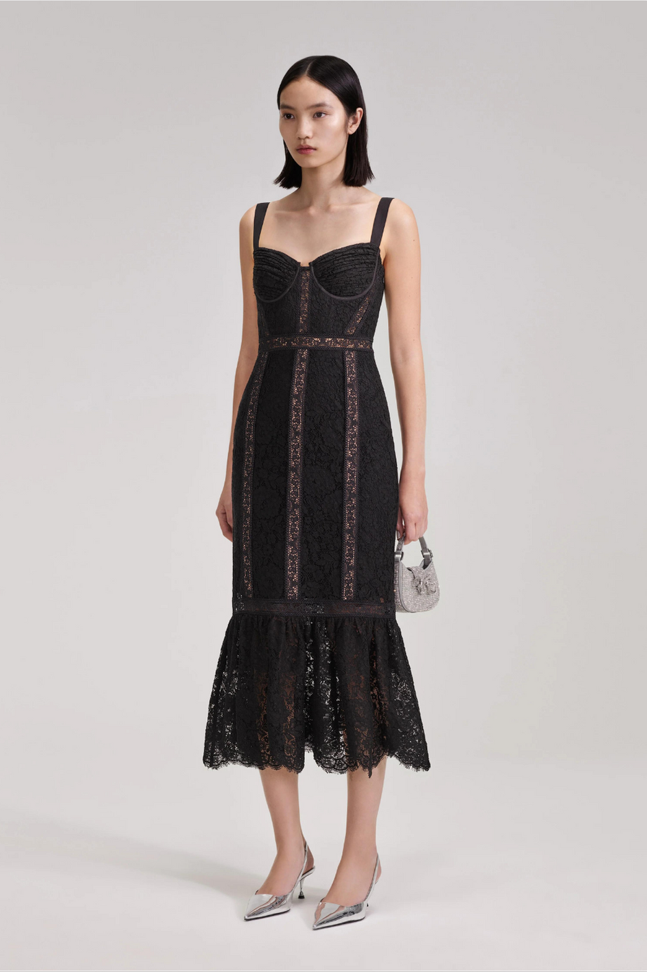 Black Cord Lace Insert Midi Dress