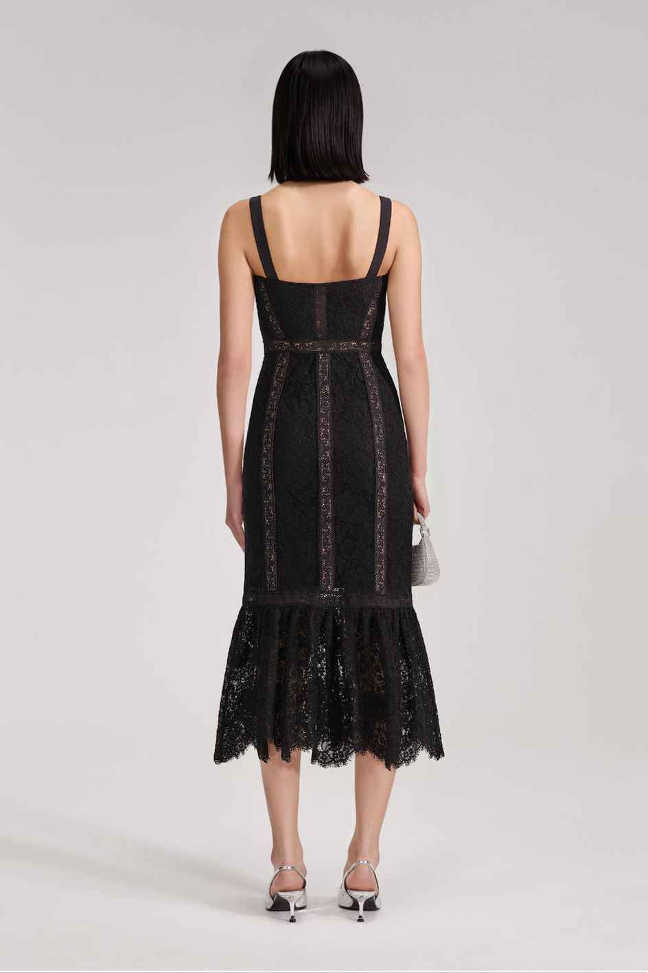 Black Cord Lace Insert Midi Dress