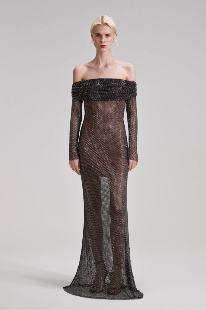 Black Rhinestone Fishnet Maxi Dress