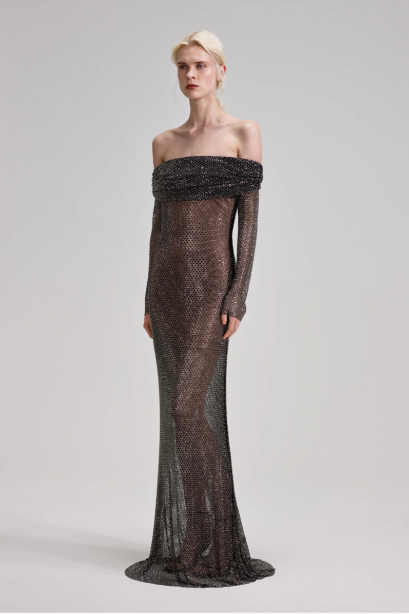 Black Rhinestone Fishnet Maxi Dress