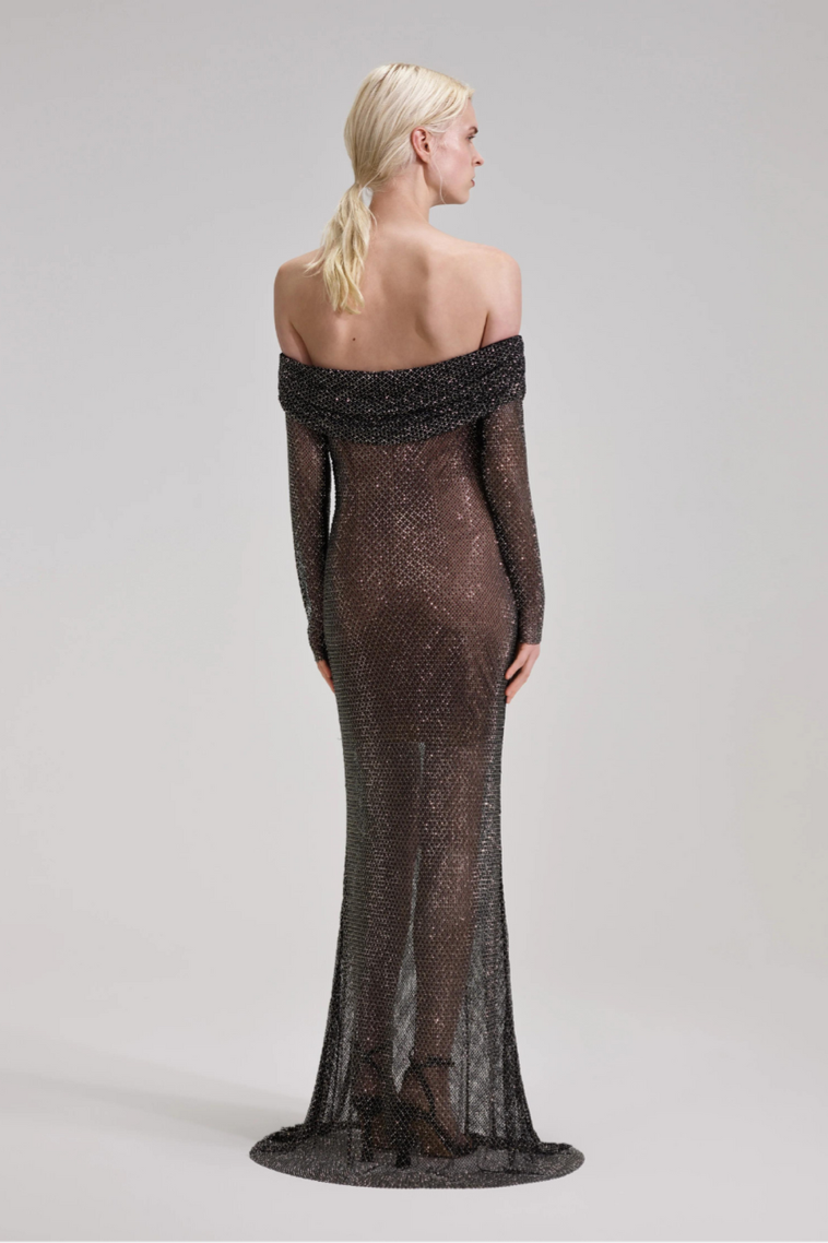 Black Rhinestone Fishnet Maxi Dress