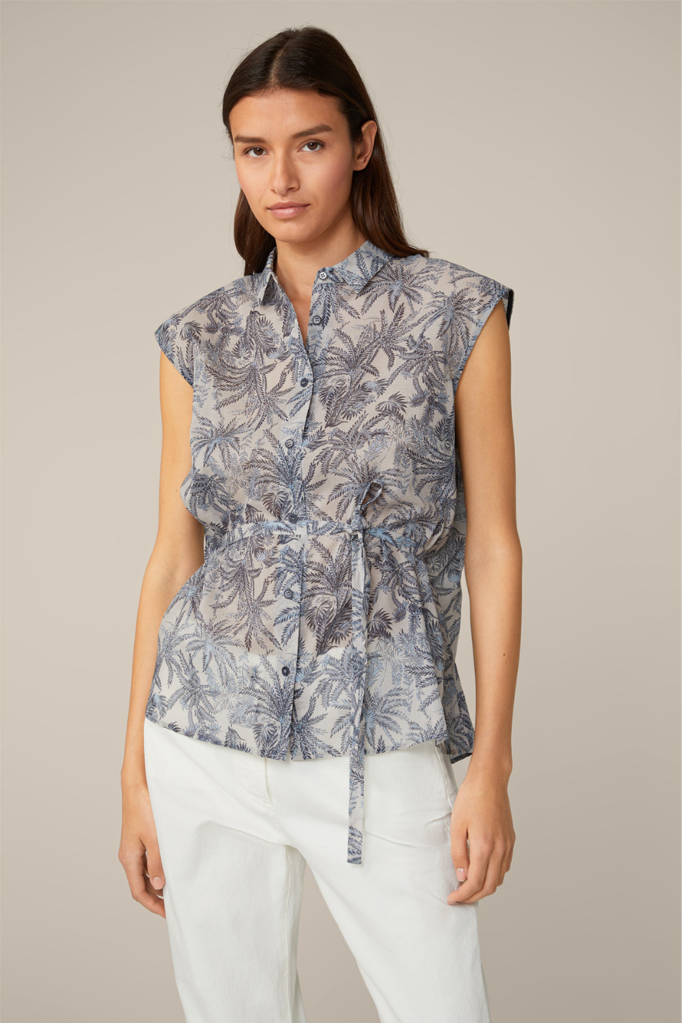 Cotton Batiste Blouse Top in navy ecru patterned