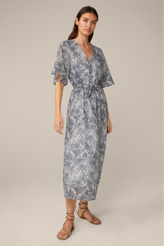 Cotton Batiste Dress Maxi Length patterned in navy ecru