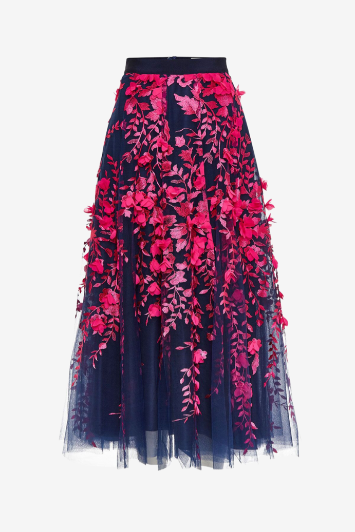 Florally Embroidered Mesh Cocktail Skirt