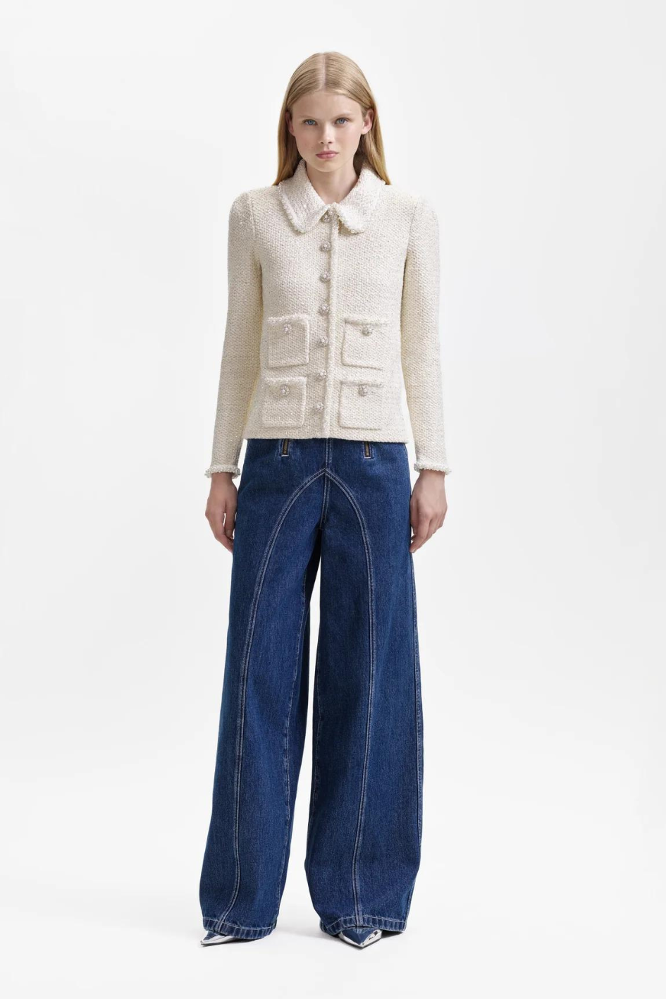 Cream Sequin Knit Pearl Cardigan
