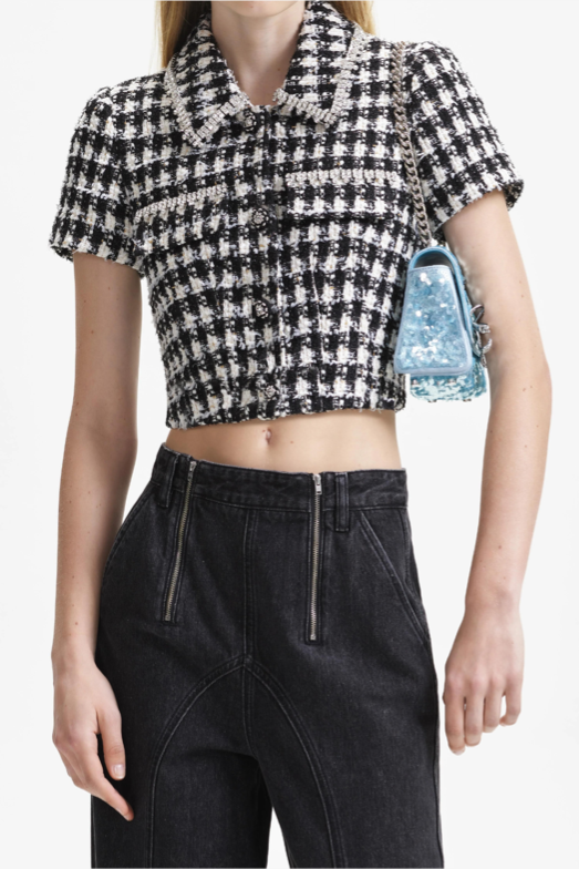 Black Check Boucle Crop Top