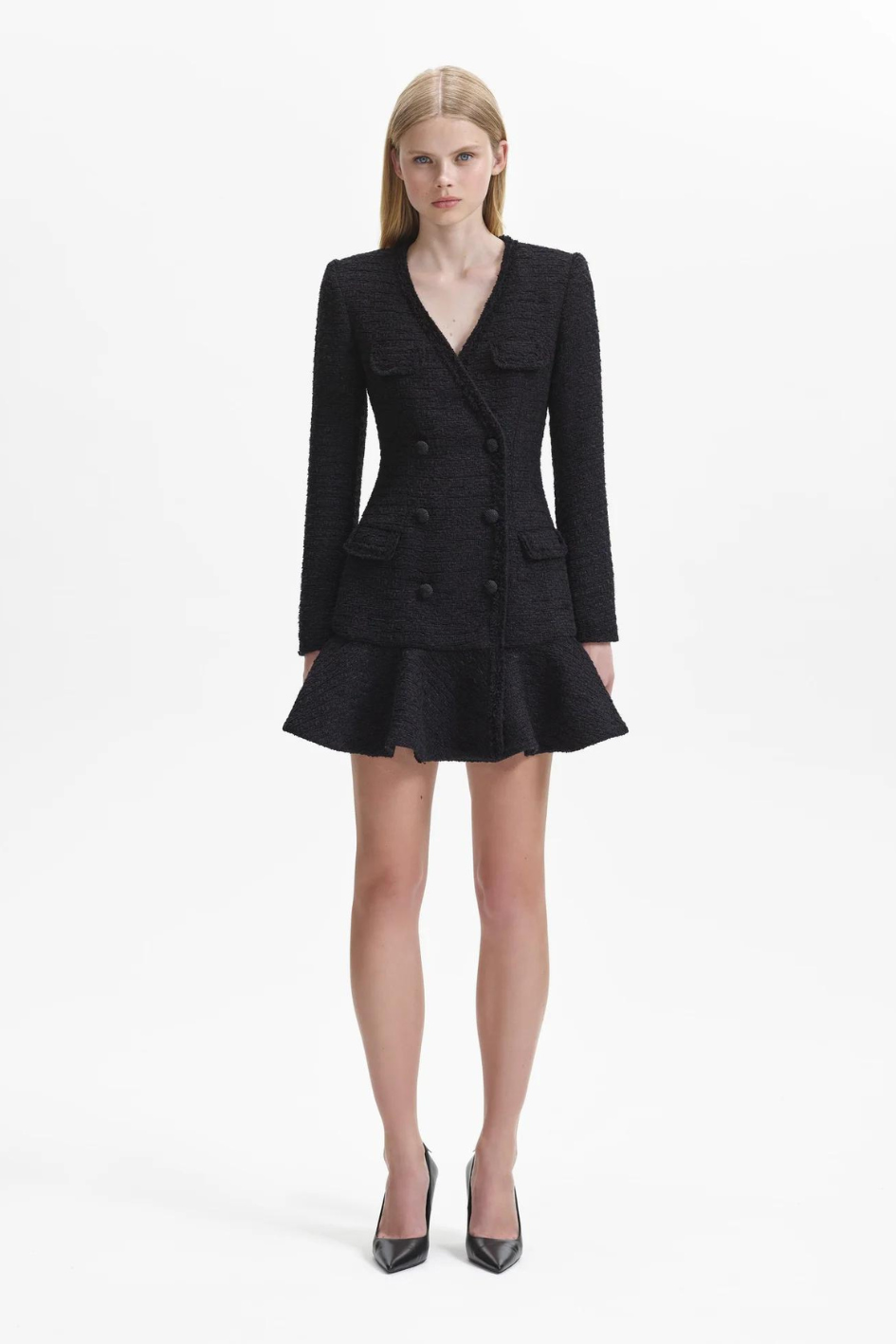 Black Boucle V-Neck Mini Dress