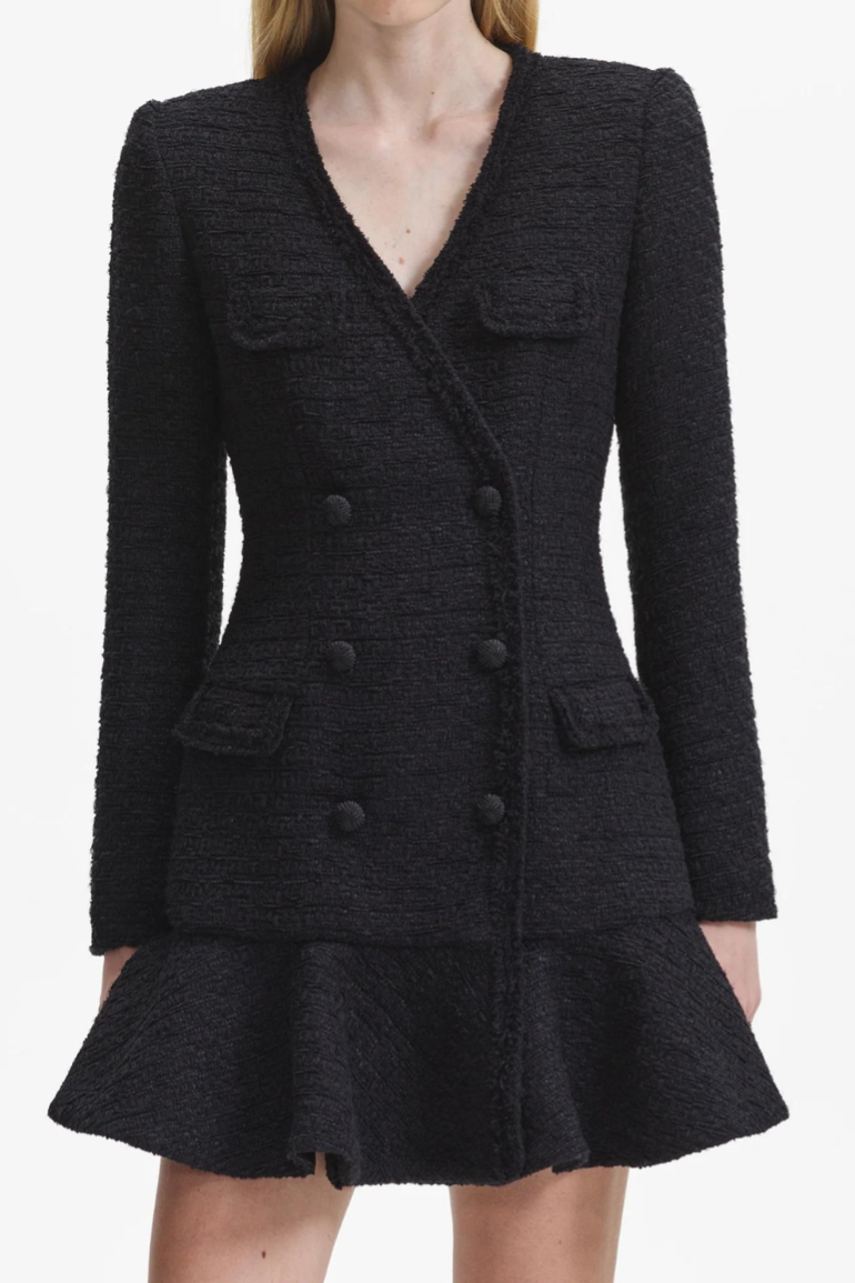 Black Boucle V-Neck Mini Dress