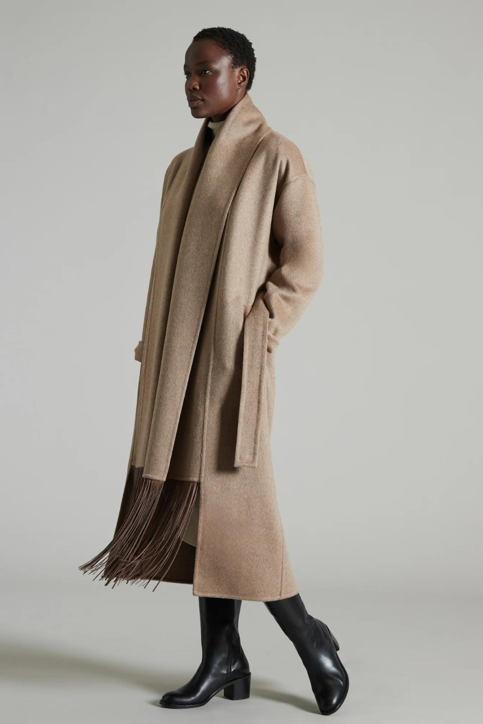 Beige Coat with Fringes Cashmere
