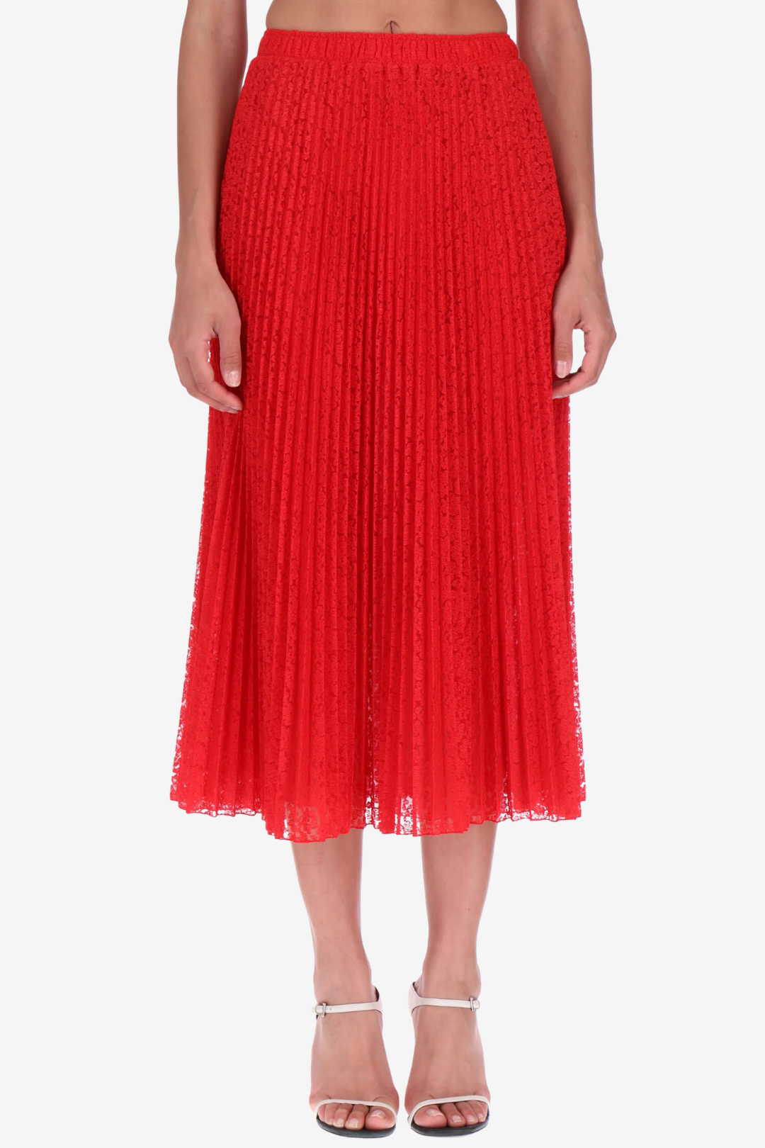 Pleated Lace Midi Skirt in Red
