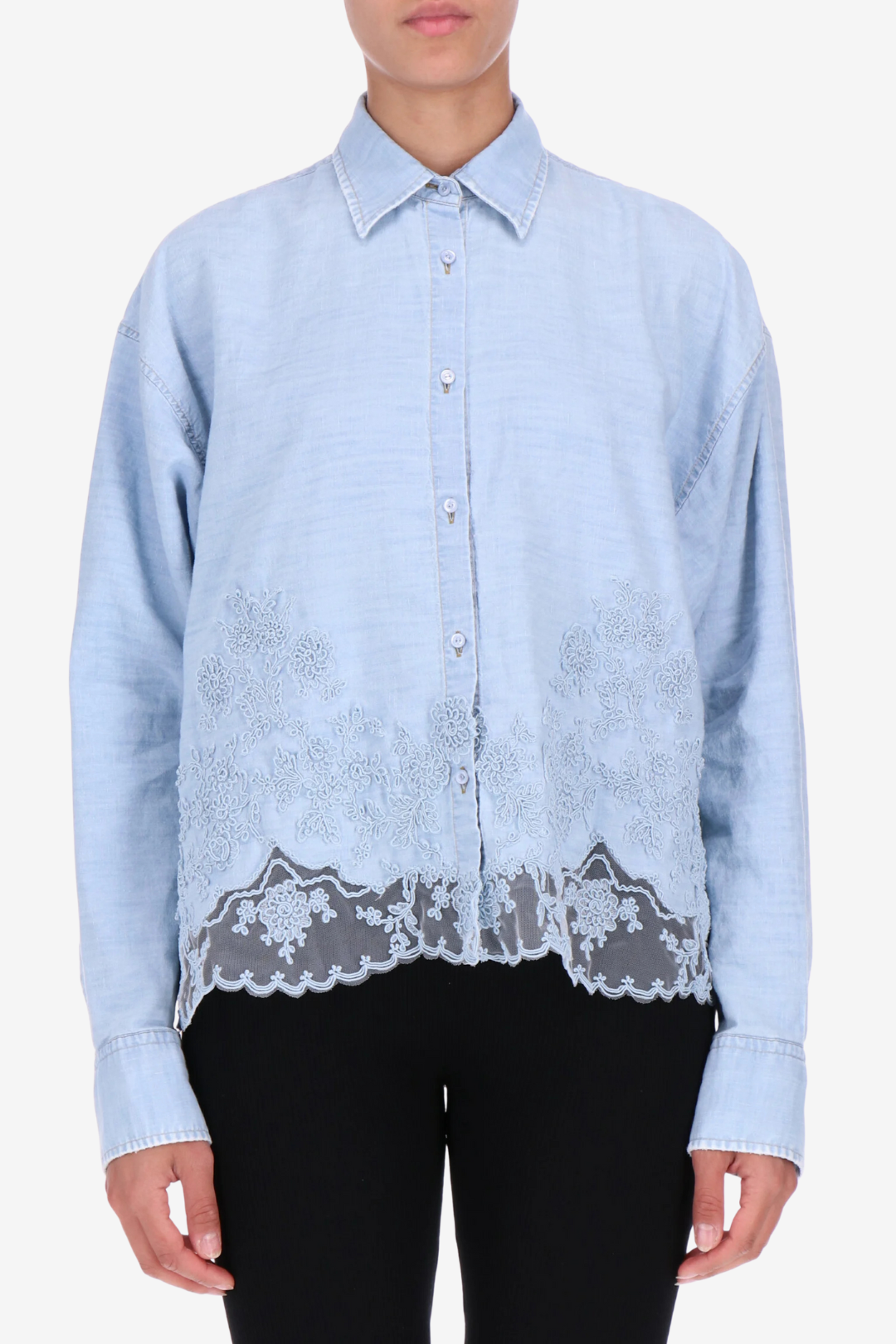 Chambray Shirt with Lace Hem Detail