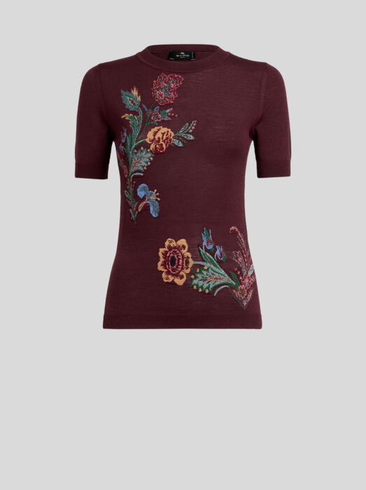 Embroidered Floral Knit Top in Burgundy