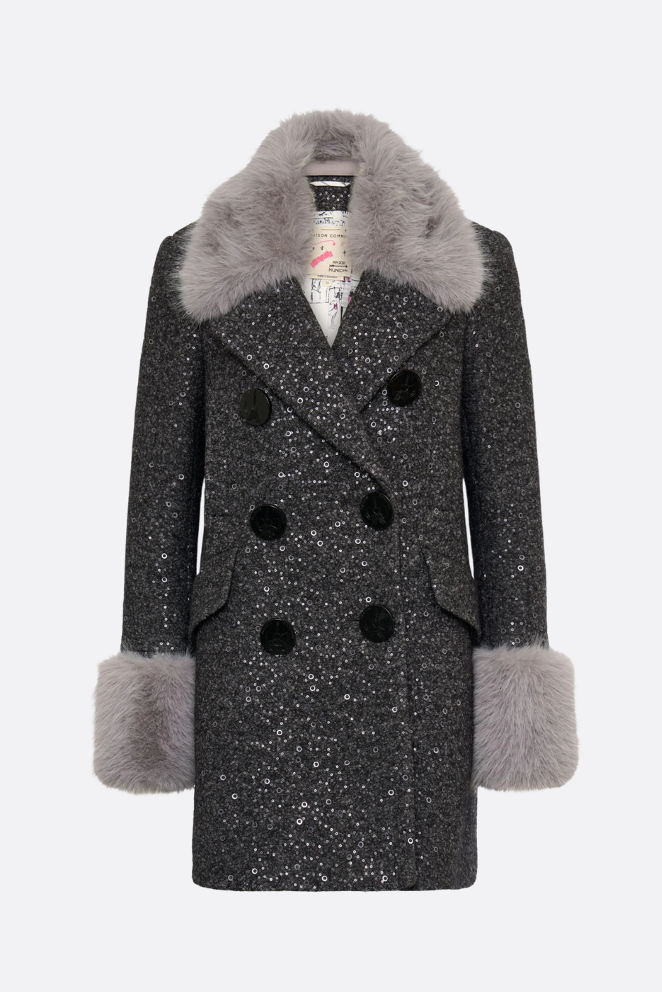 Sequined Caban Coat with Fake Fur