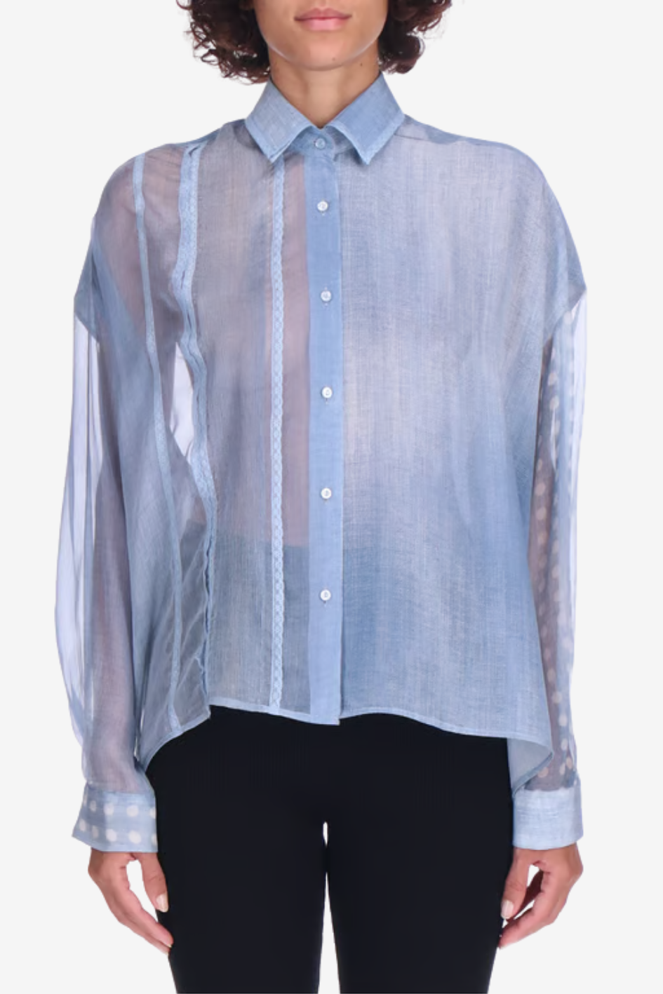 Light Blue Sheer Panel Shirt with Polka Dot Sleeves