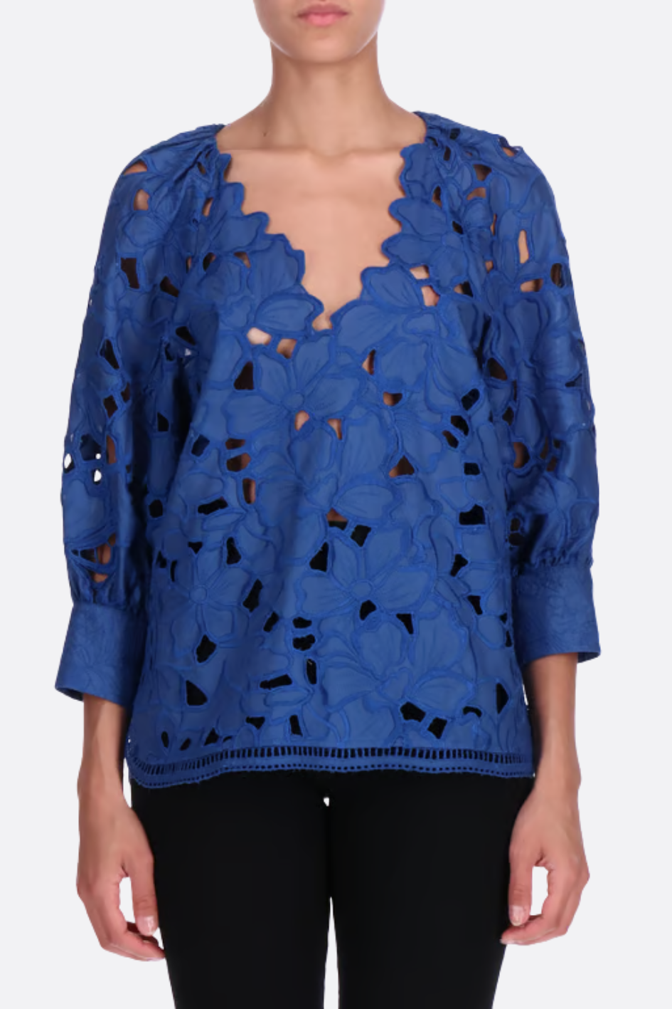 Blue Floral Cut-Out Blouse with Scalloped Neckline
