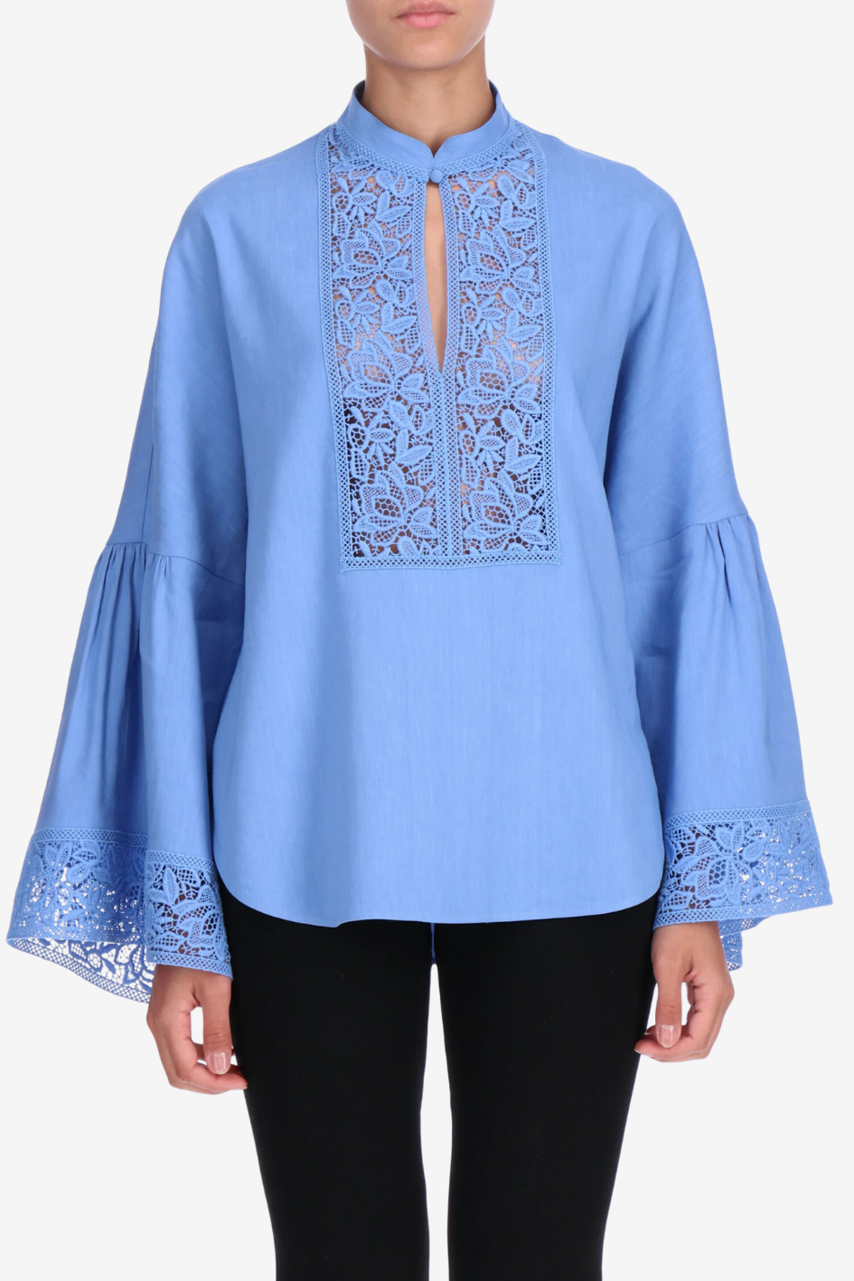 Blouse with Lace Panel and Flared Sleeves