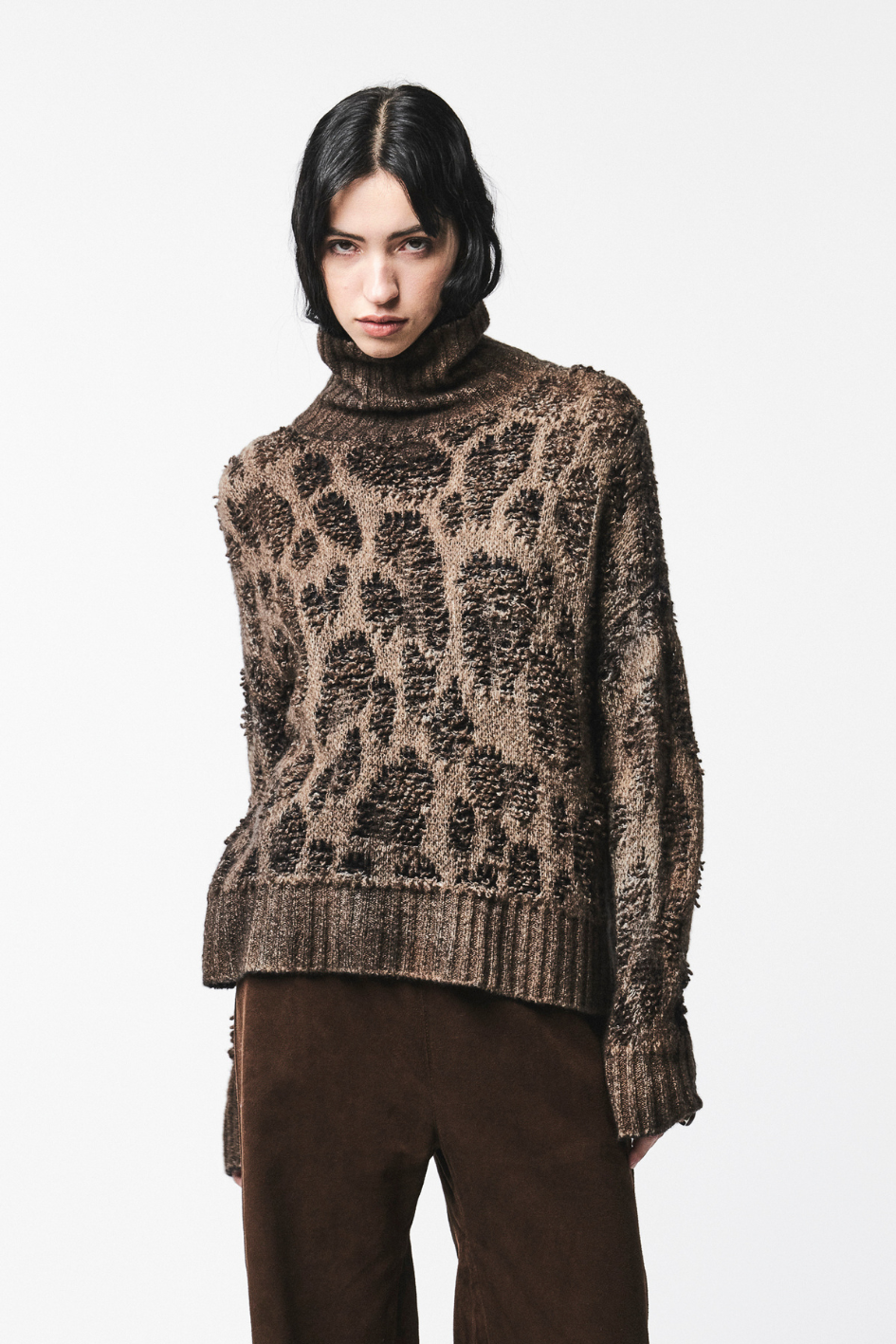 Leopard Textured Turtleneck Knit Sweater