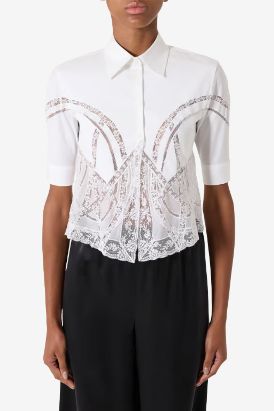 White Short-Sleeve Blouse with Lace Peplum Detail