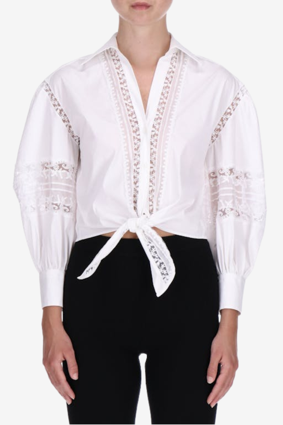 White Lace-Detail Blouse with Front Tie