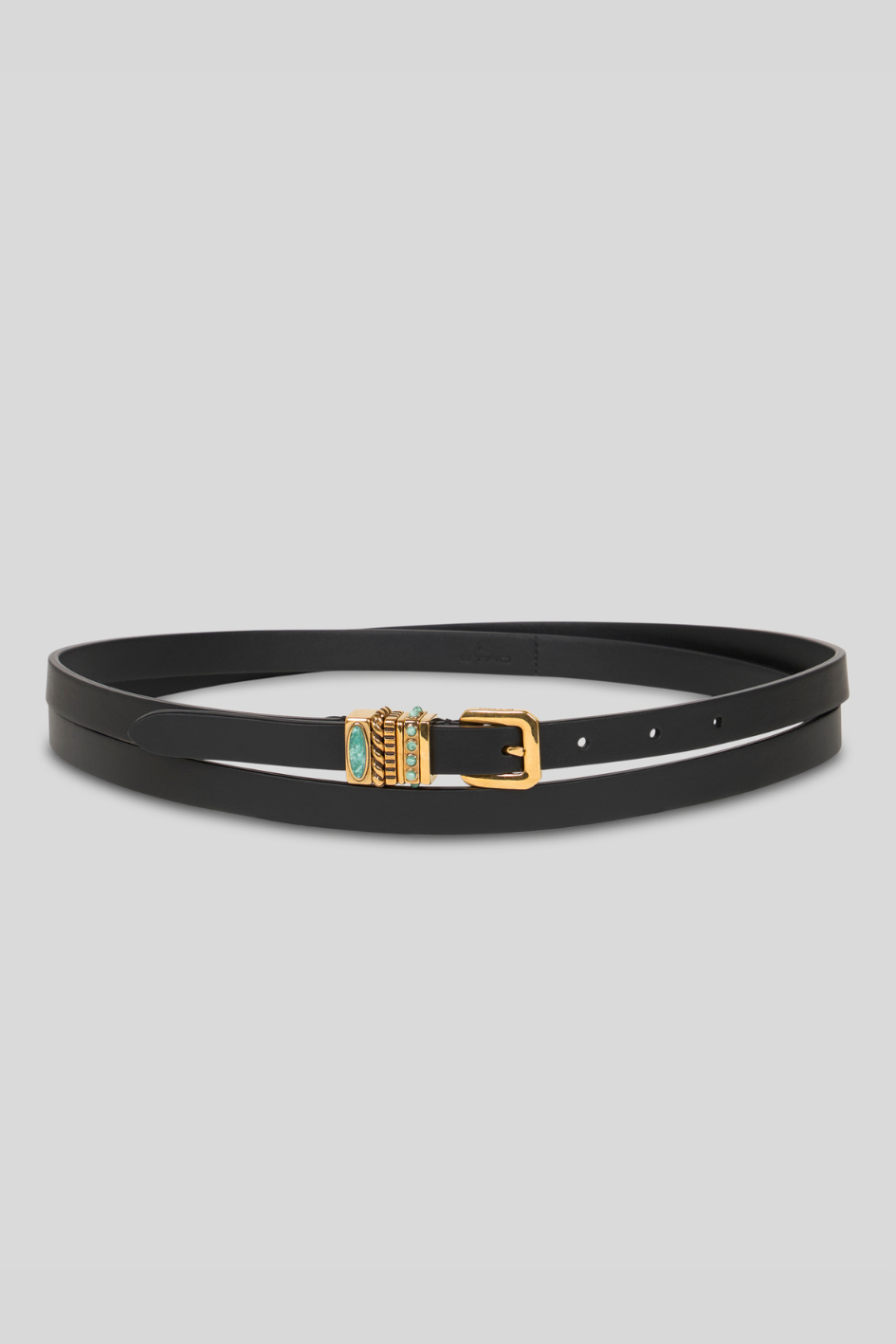 Black Leather Belt with Gold and Turquoise Buckle