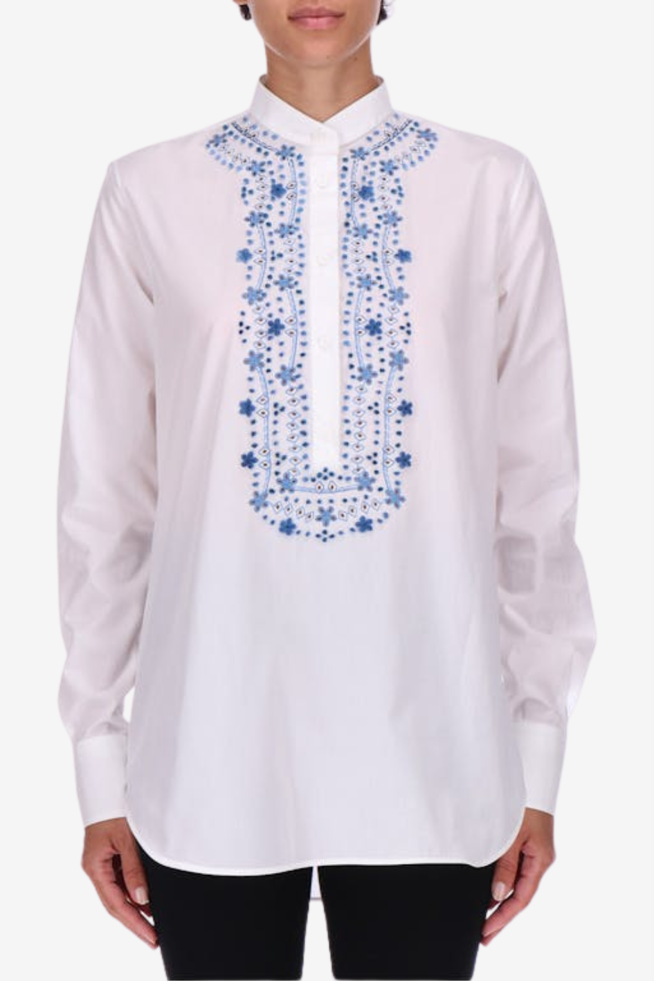 White Tunic Blouse with Blue Embroidery