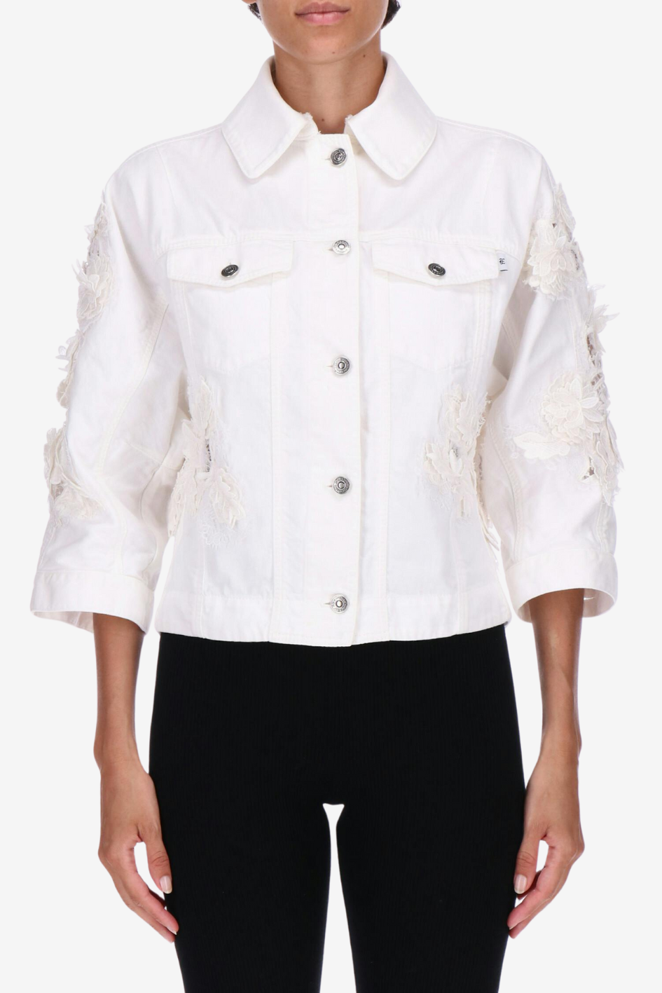 White Denim Jacket with Floral Appliqué