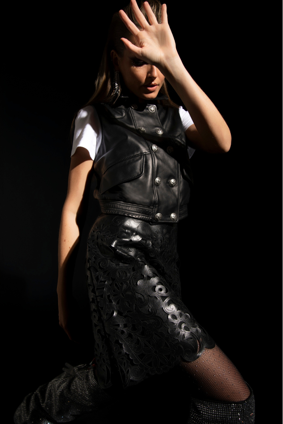 Mini Leather Skirt with Paisley Cut-Outs