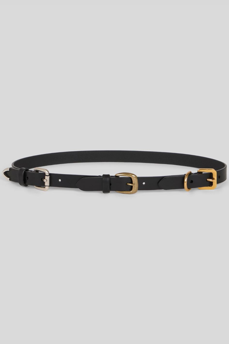Triple-Buckle Leather Belt with Mixed Metal Finishes