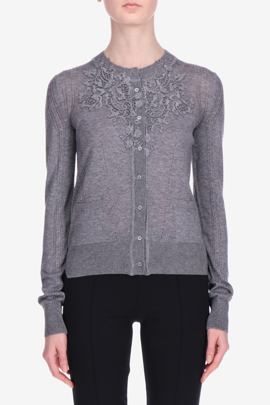 Knit Cardigan with Floral Lace Appliqué
