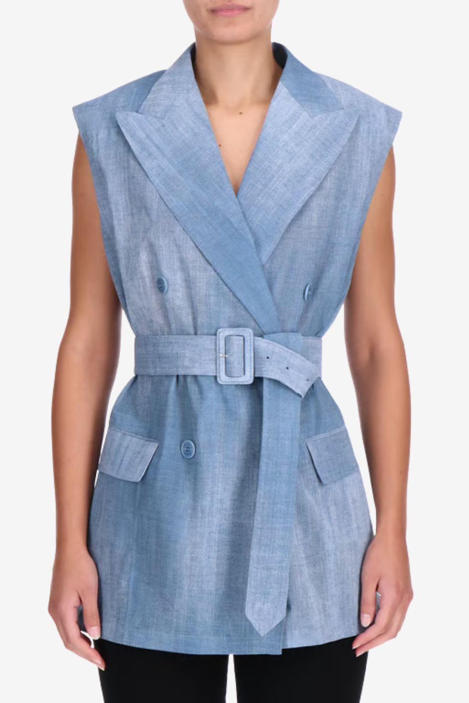 Light Blue Sleeveless Belted Blazer Vest