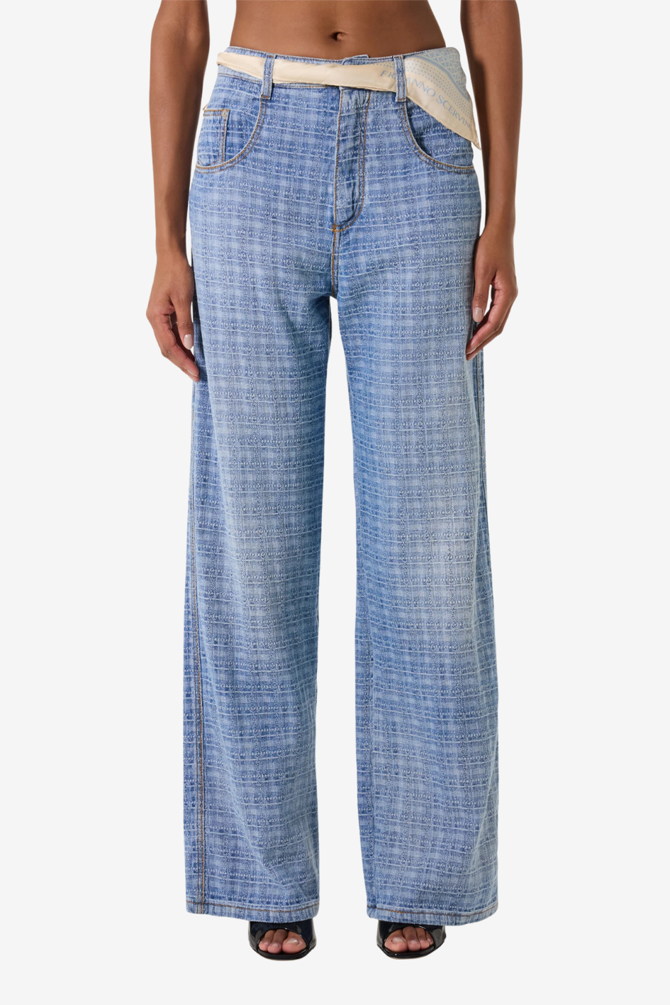 Light Wash Wide-Leg Denim Pants with Scarf Detail
