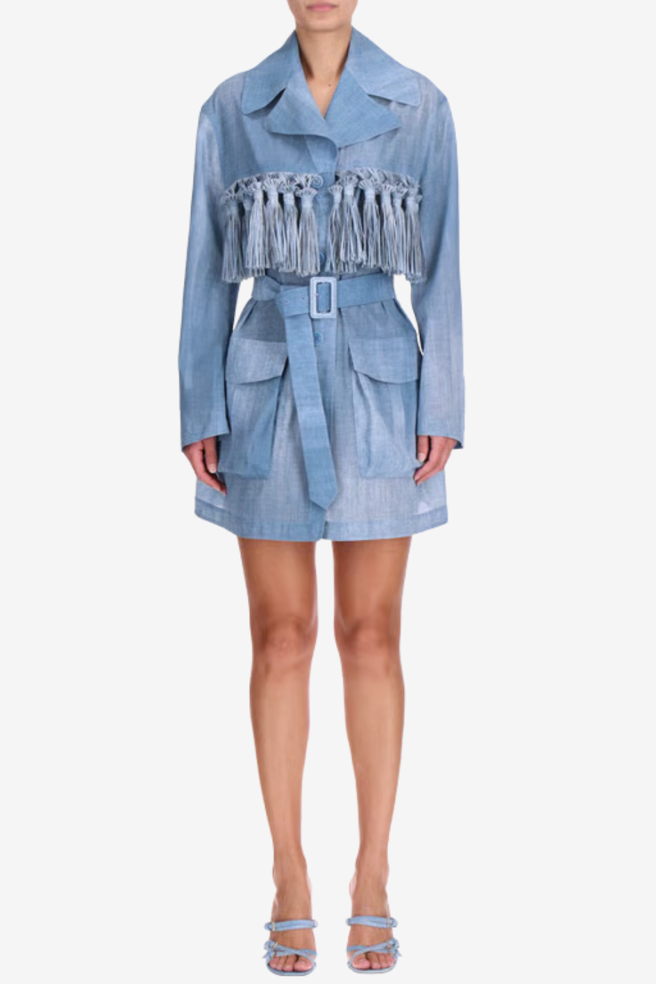 Light Blue Belted Mini Dress with Fringe Detail