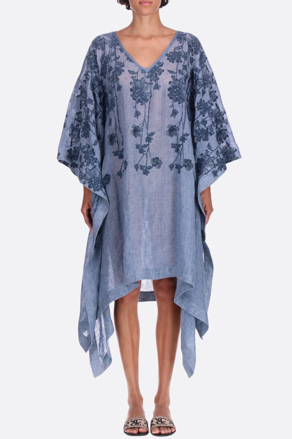 Blue Embroidered Kaftan Dress with Asymmetric Hem