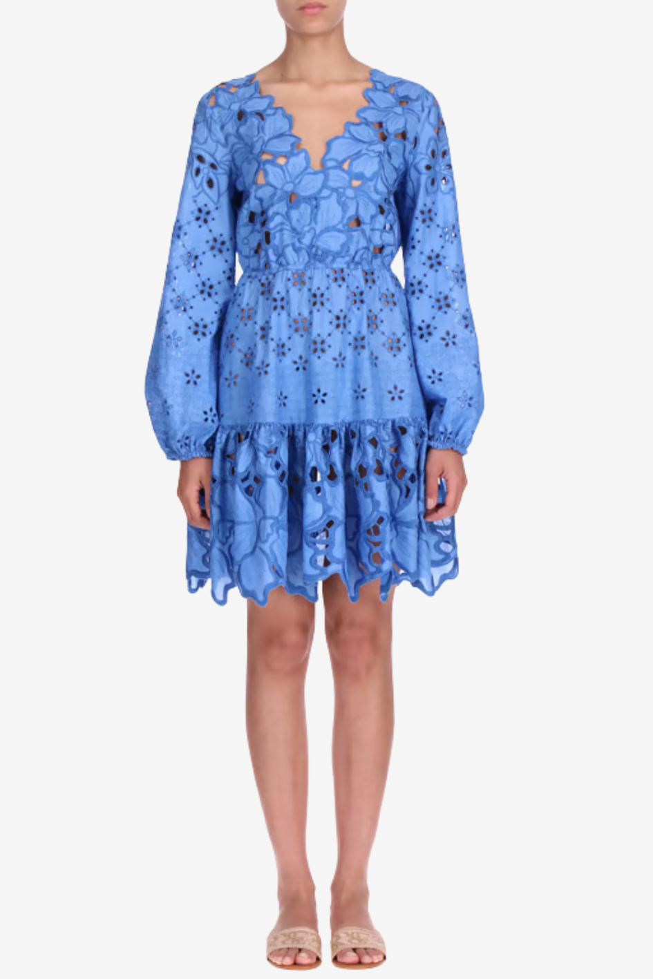 Blue Floral Cut-Out Mini Dress with Puff Sleeves
