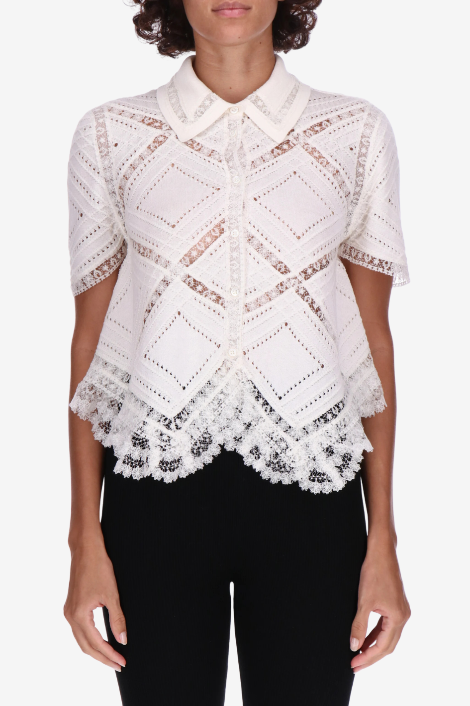 White Lace Short-Sleeve Blouse with Embroidery