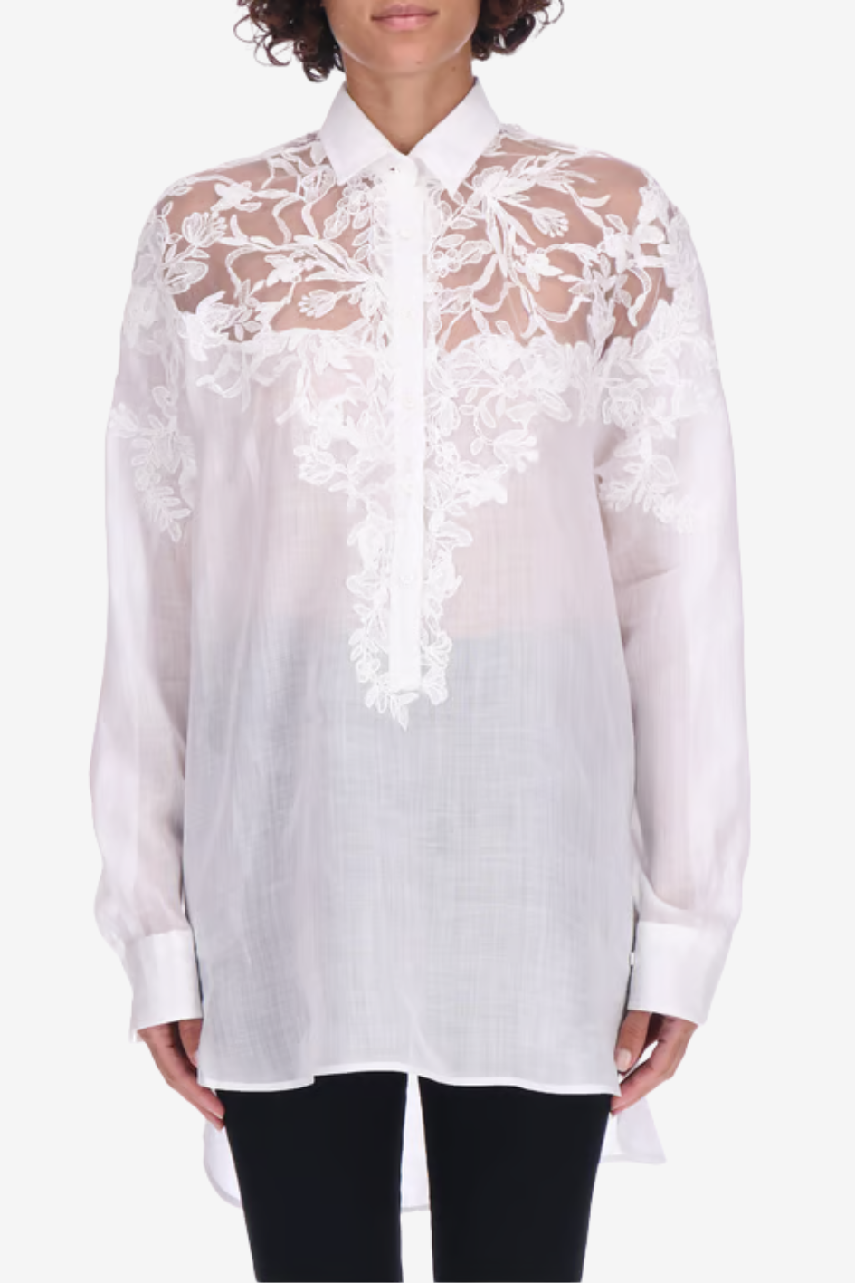 White Sheer Lace Embroidered Long Shirt