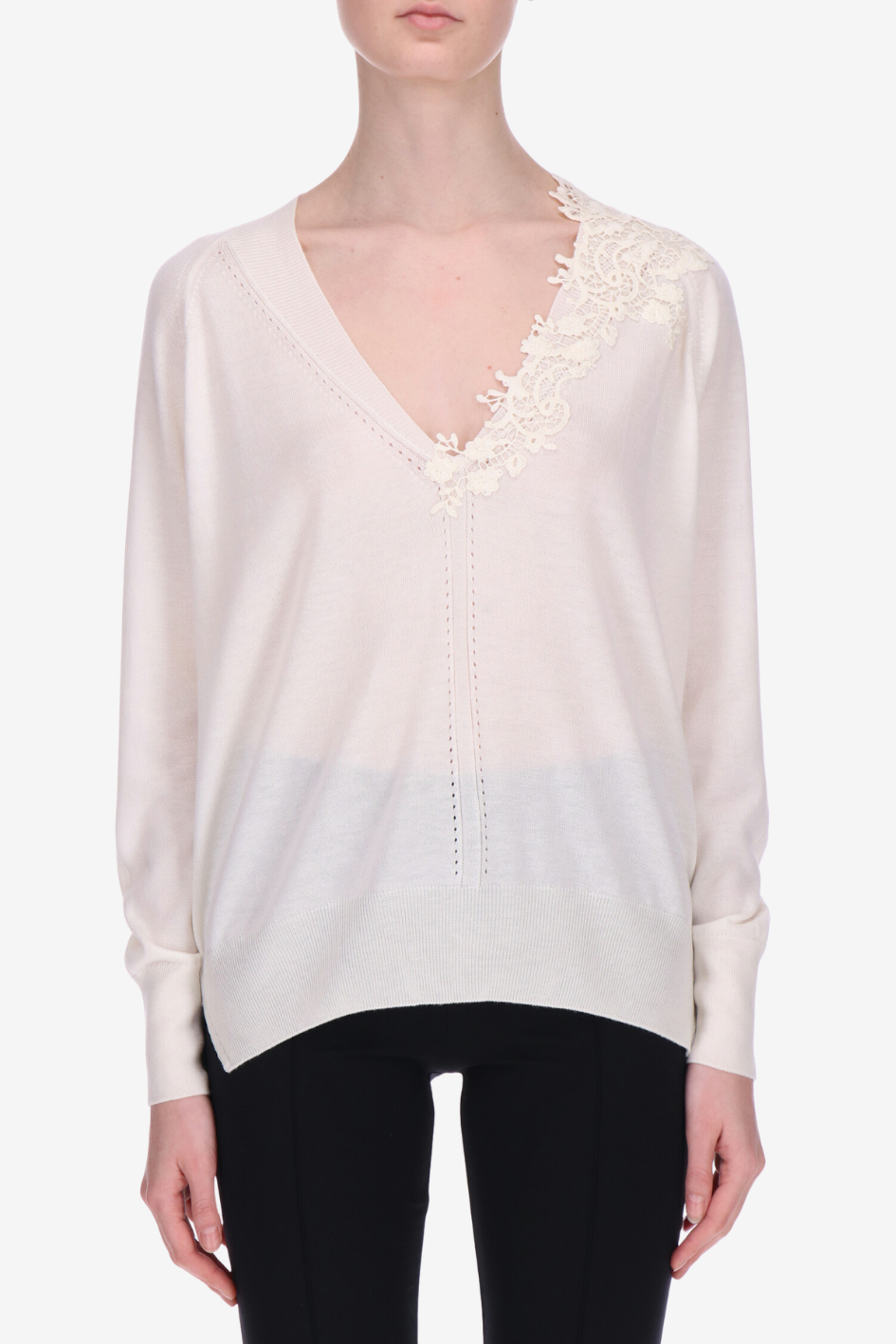 V-Neck Knit Sweater with Floral Lace Detail