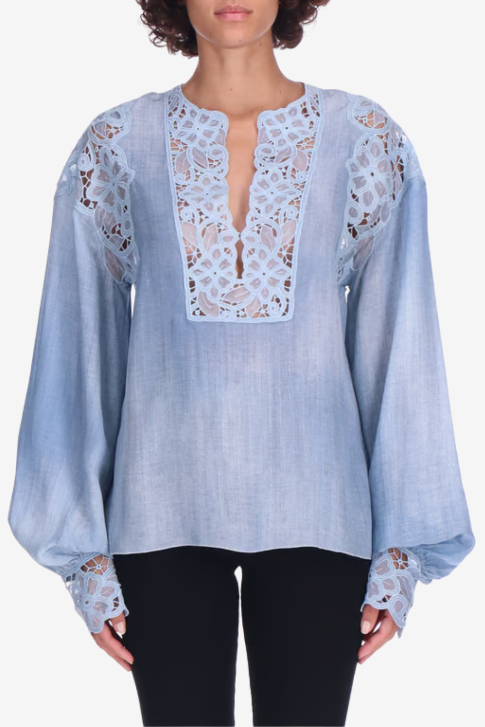 Light Blue Blouse with Lace Insert and Balloon Sleeves