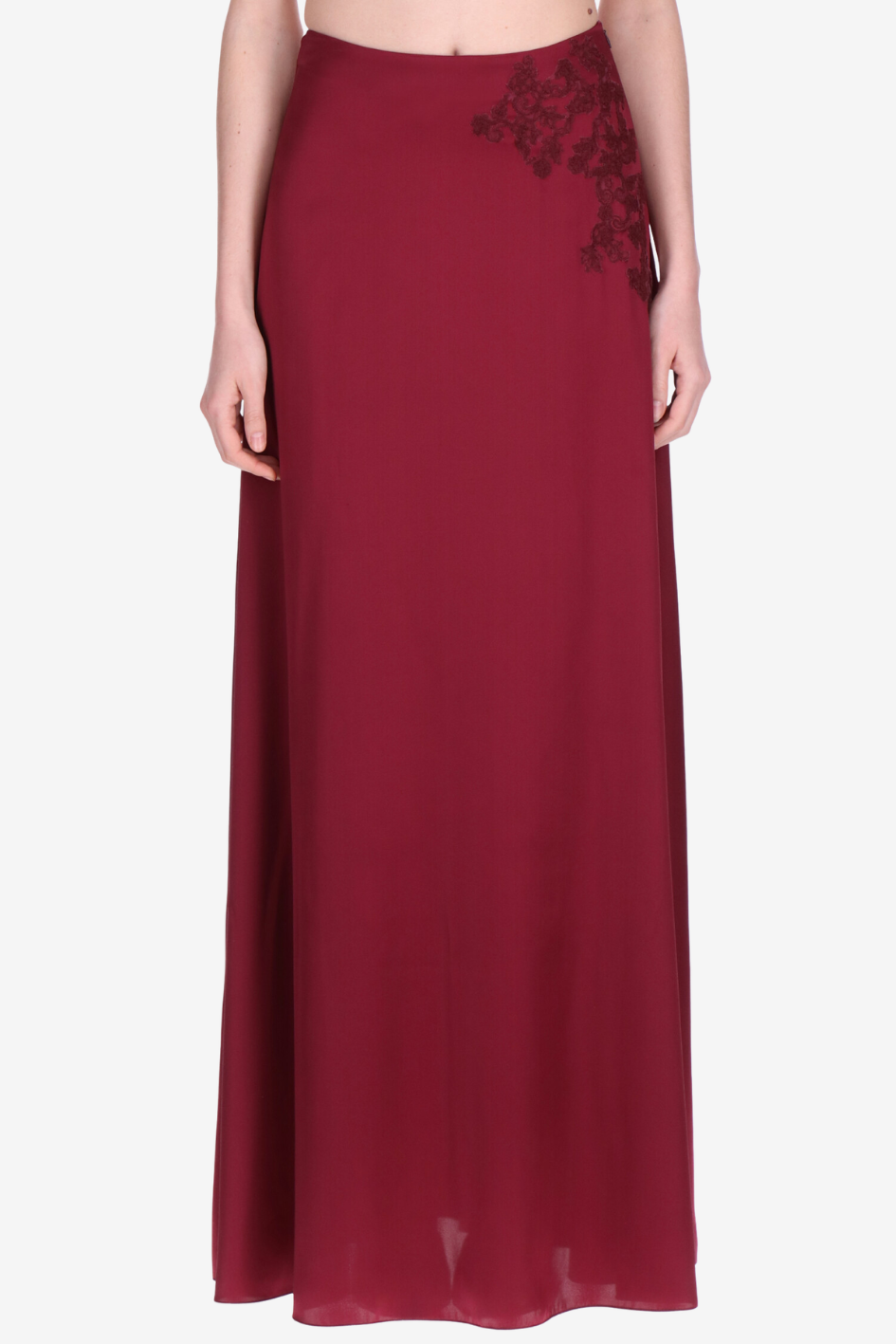 Burgundy Maxi Skirt with Floral Lace Appliqué