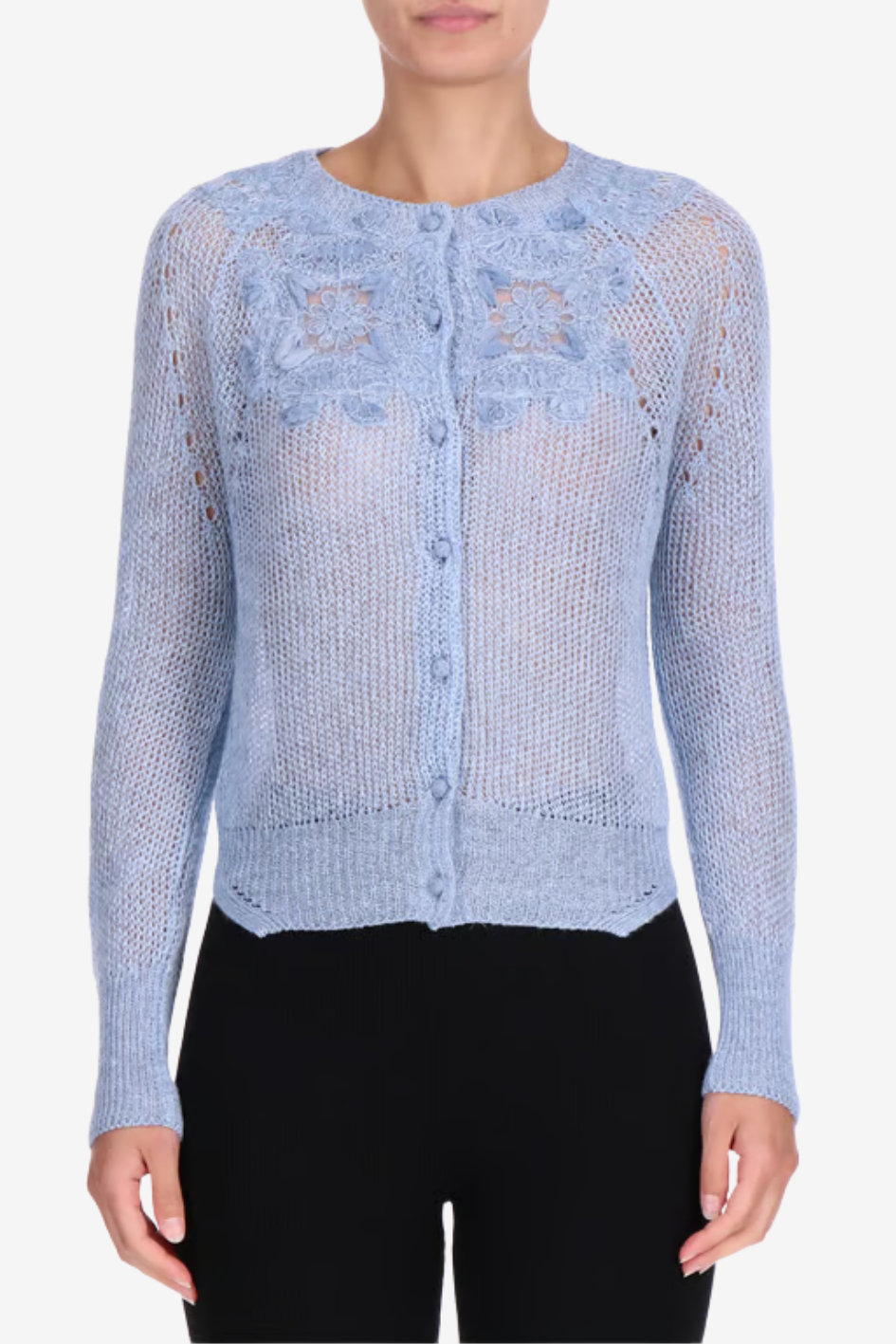 Light Blue Sheer Knit Cardigan with Floral Embroidery