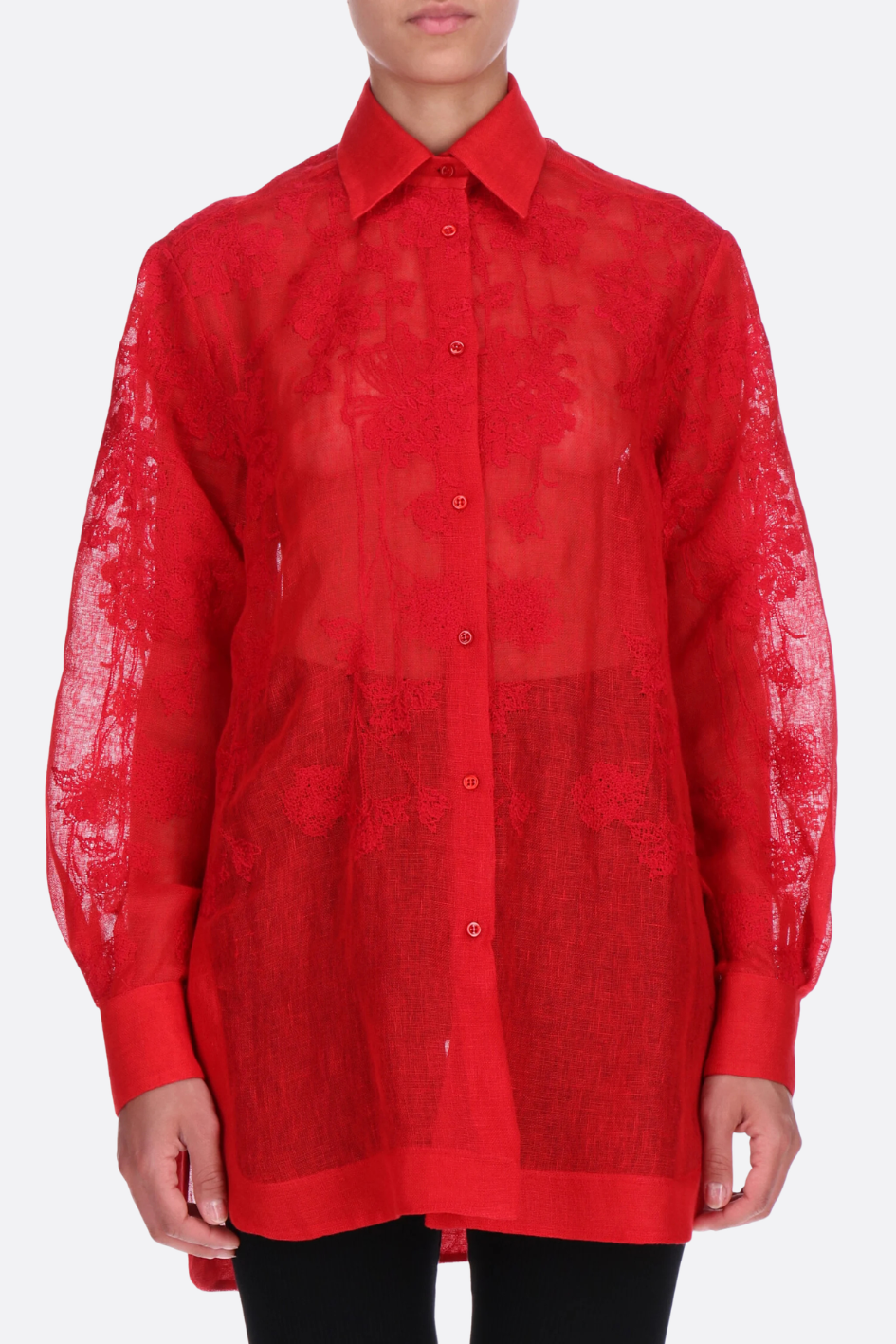 Red Sheer Lace Button-Down Shirt