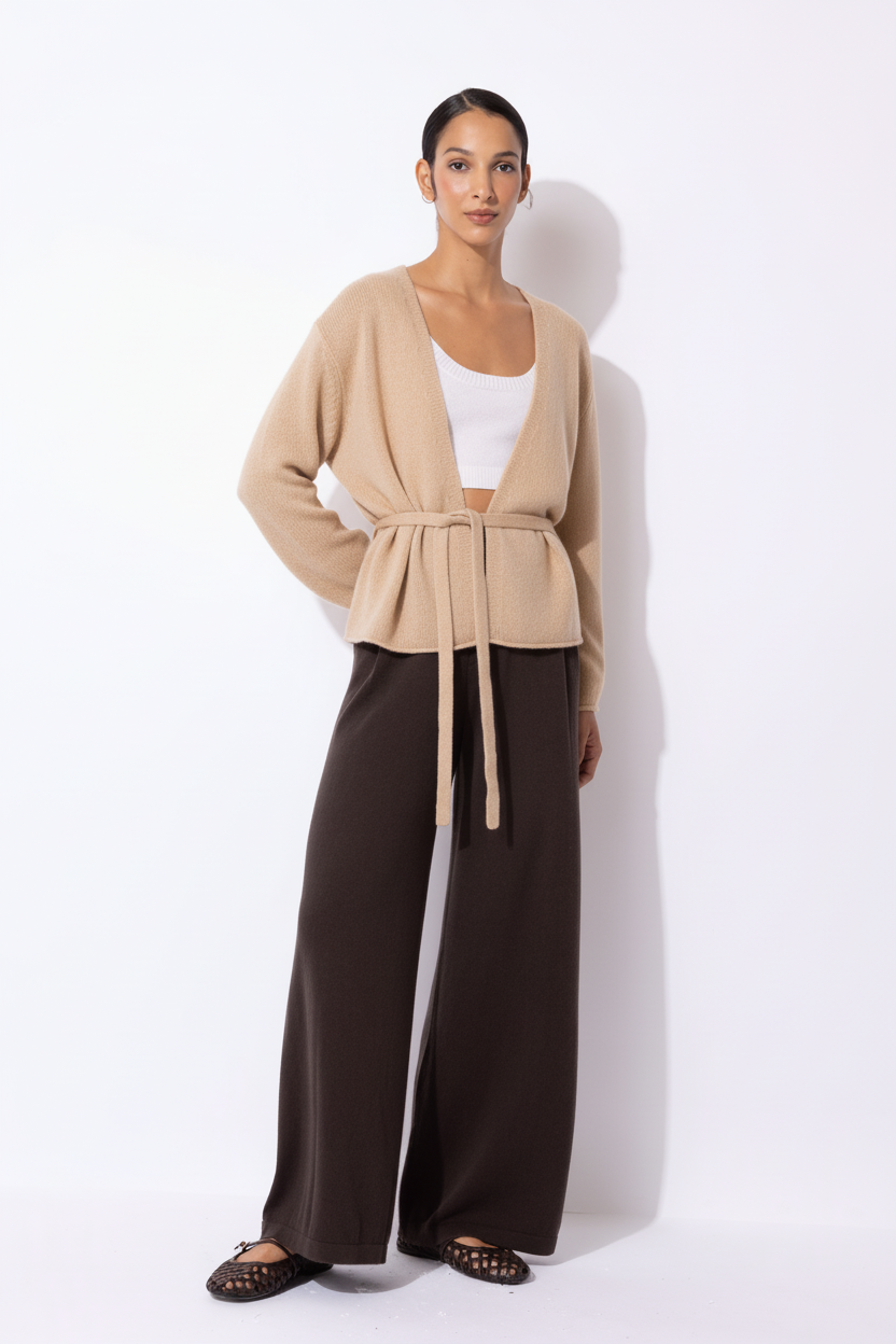 Wrap Cardigan with Floral Back Detail in almond