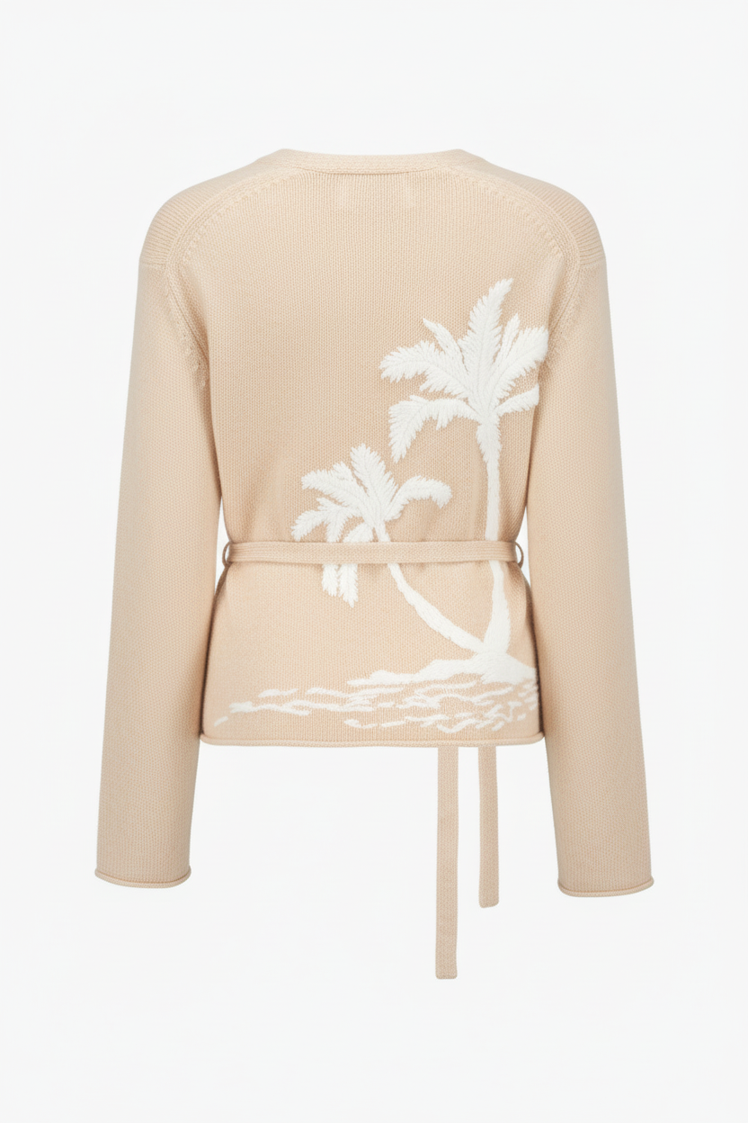 Wrap Cardigan with Floral Back Detail in almond - back view
