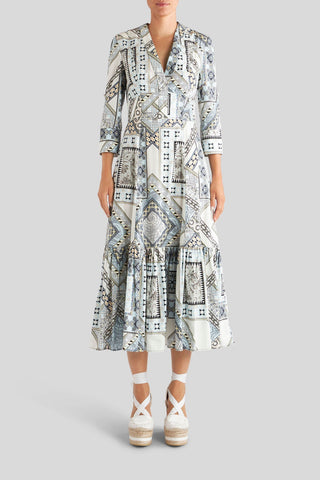 V-Neck Cotton Dress with Patchwork Print