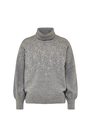 Tone In Tone Embroidered Knit Sweater Grey